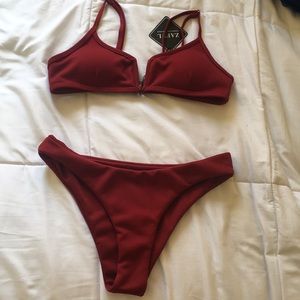 Deep red ribbed bikini